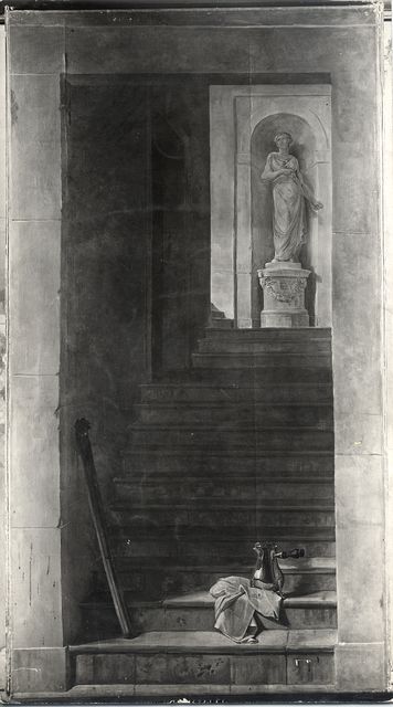 Anonimo — Anonimo francese sec. XVII/ XVIII - Trompe l'oeil con scala prospettica, statua femminile entro nicchia, caffettiera e strofinaccio — insieme
